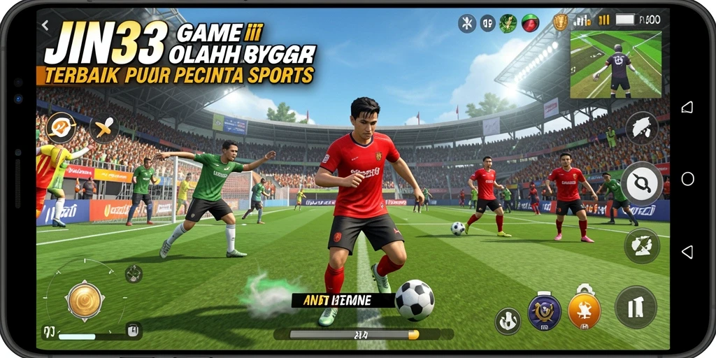 Screenshot utama JIN33 menampilkan aksi seru di lapangan olahraga.