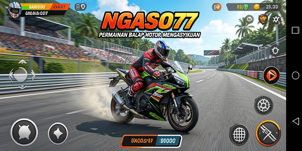 Screenshot gameplay NGASO77 menunjukkan aksi balap motor yang mendebarkan.