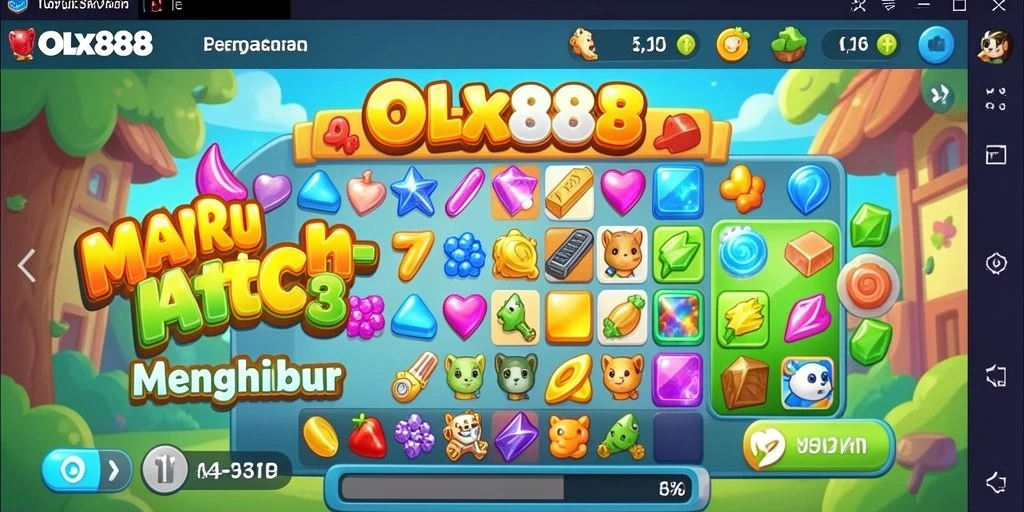 Gameplay seru OLX888 dengan kombinasi Match-3 yang penuh warna.