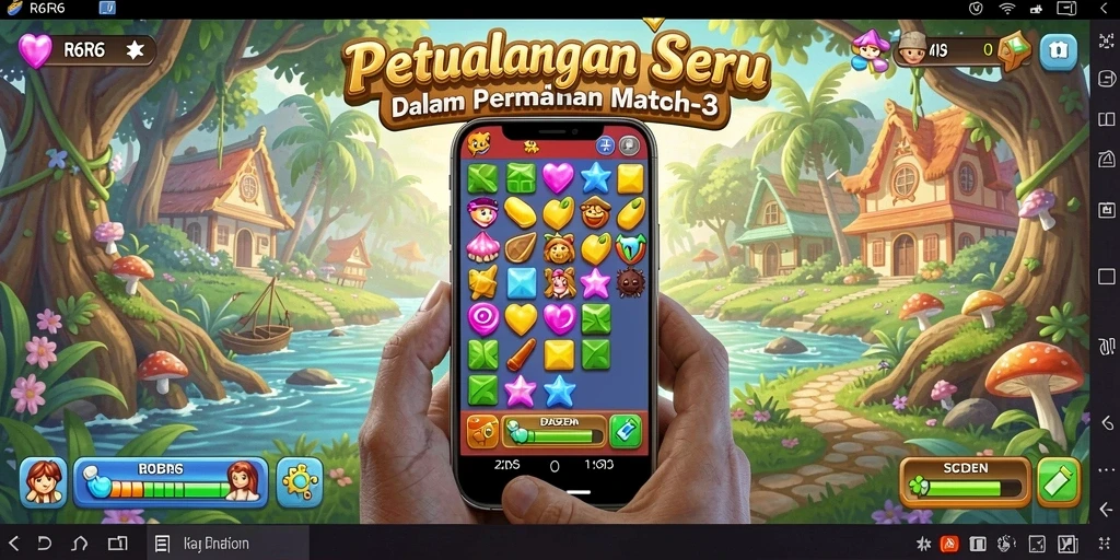 Screenshot gameplay R6R6 menampilkan aksi seru permainan Match-3 yang adiktif.