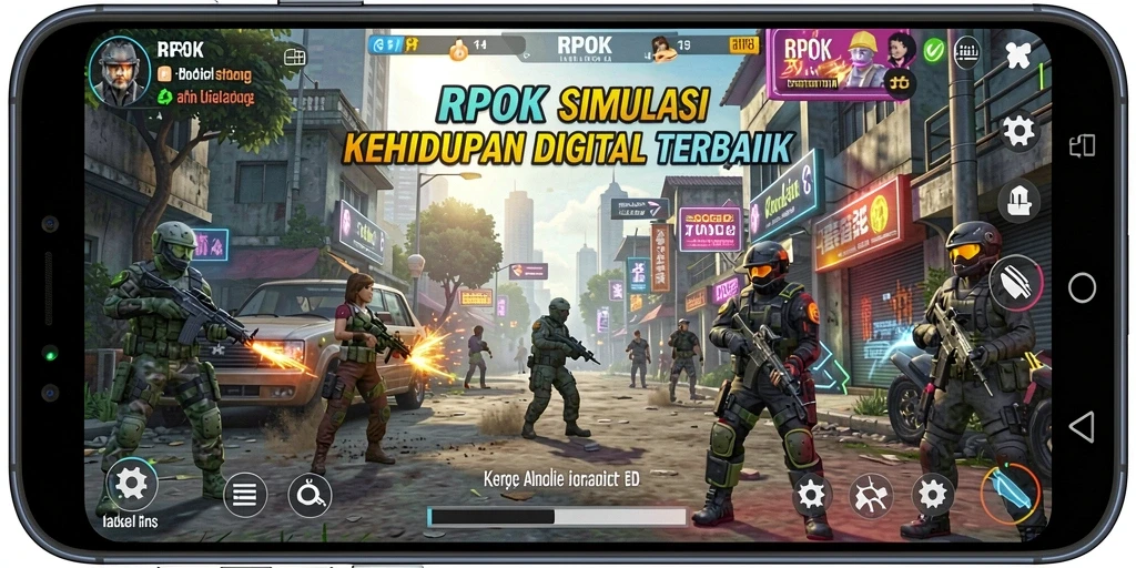 Tangkapan layar utama RPOK menampilkan karakter dalam dunia simulasi yang hidup.