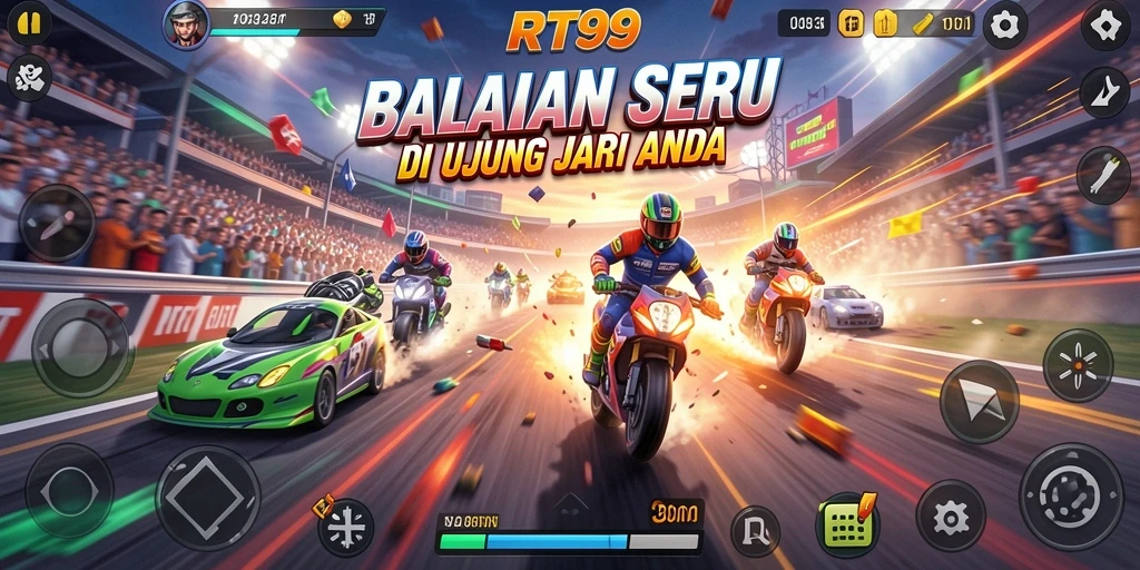Tampilan gameplay RT99 yang mendebarkan saat balapan di trek.