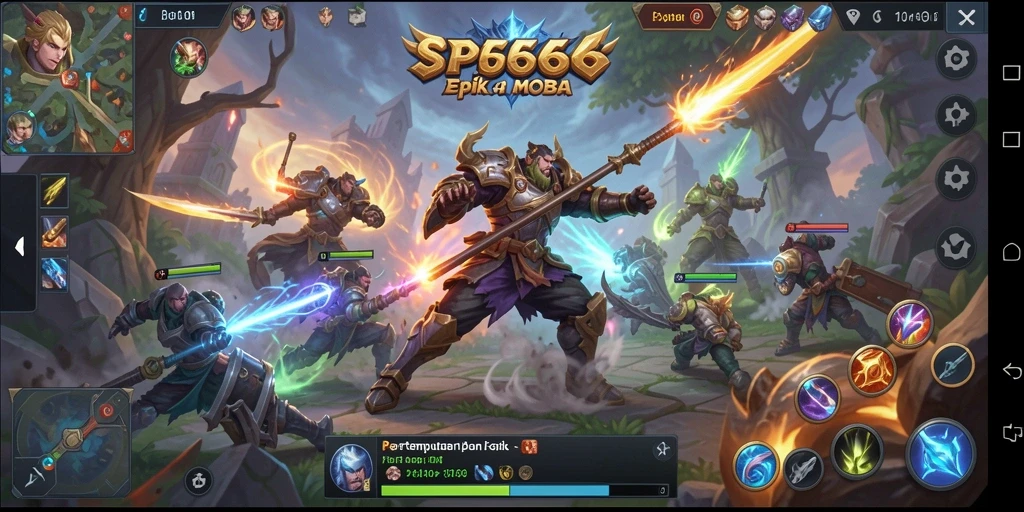 Screenshot menunjukkan aksi intens dalam pertempuran MOBA SP666.