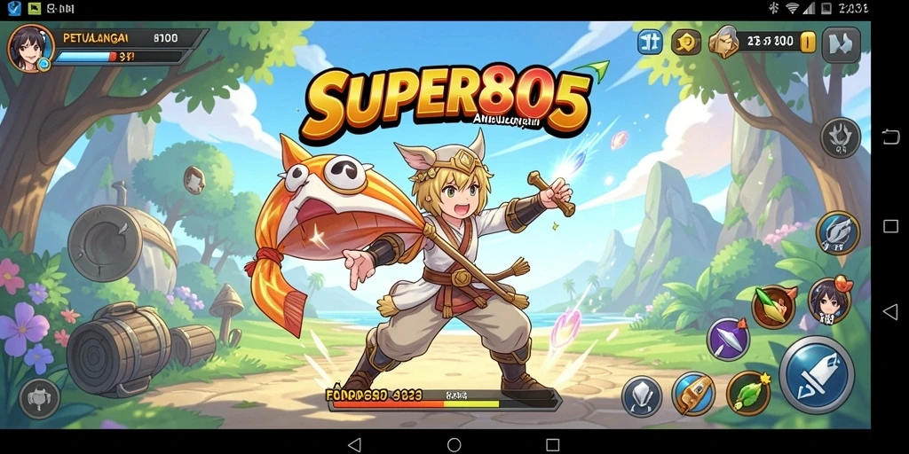 Tampilan gameplay interaktif SUPER805 dengan karakter anime yang unik.